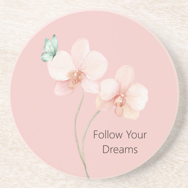 Pink Orchid Flowers Mint Green Butterfly Coaster (Front)