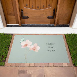 Pink Orchid Flowers Mint Green Butterfly Doormat