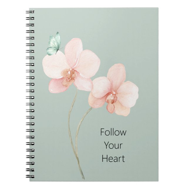 Pink Orchid Flowers Mint Green Butterfly Notebook (Front)