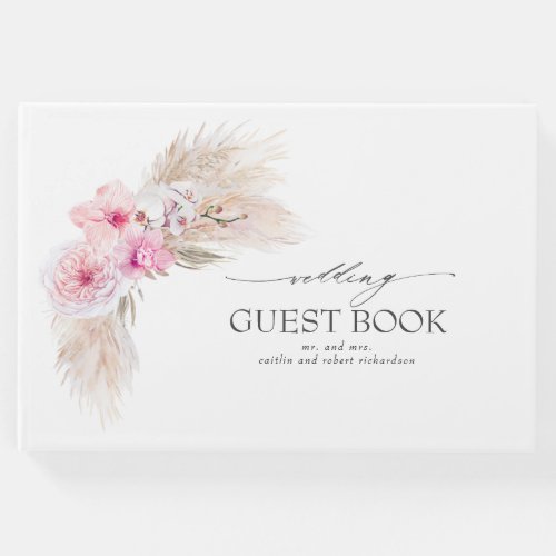 Pink Orchid Flowers Pampas Grass Wedding Guest Book