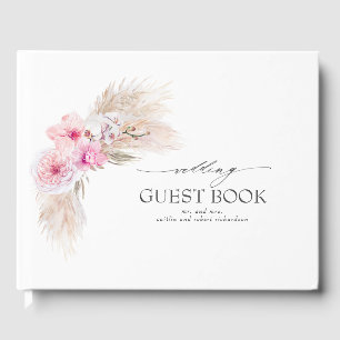 Pink Orchid Flowers Pampas Grass Wedding Guest Book