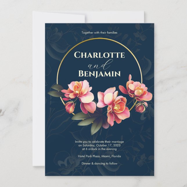 Pink Orchid Flowers | Round Frame | Wedding Invitation (Front)