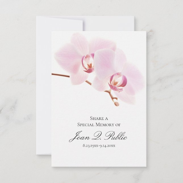 Pink Orchid Flowers White Share a Memory Funeral  Note Card (Front)