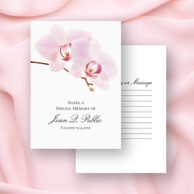 Pink Orchid Flowers White Share a Memory Funeral  Note Card (Creator Uploaded)