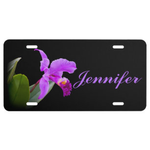 Pink Orchid on Black Customizable Name License Plate