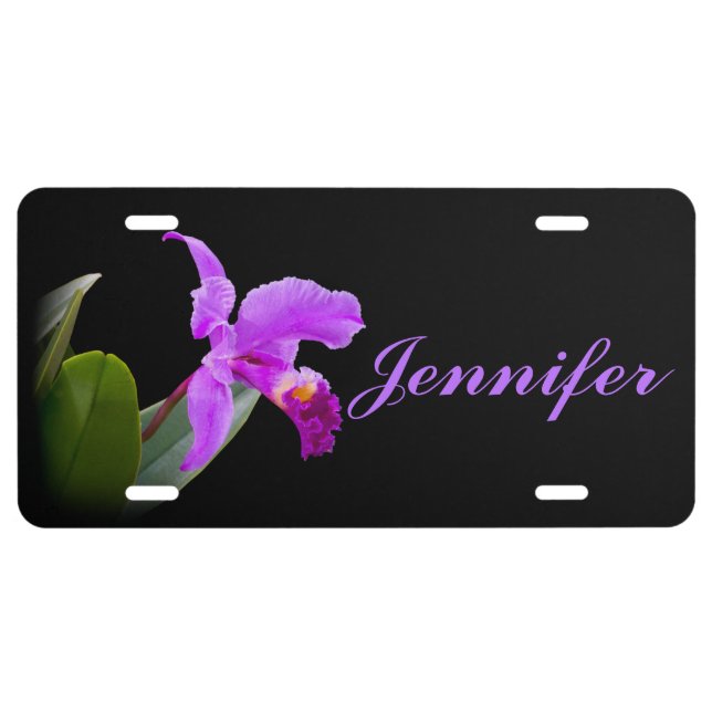 Pink Orchid on Black Customizable Name License Plate (Front)