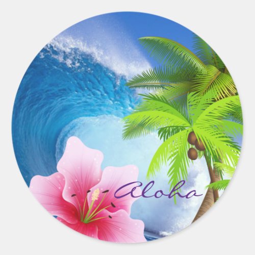 Pink Orchid Palm Tree Ocean Wave _ Sticker
