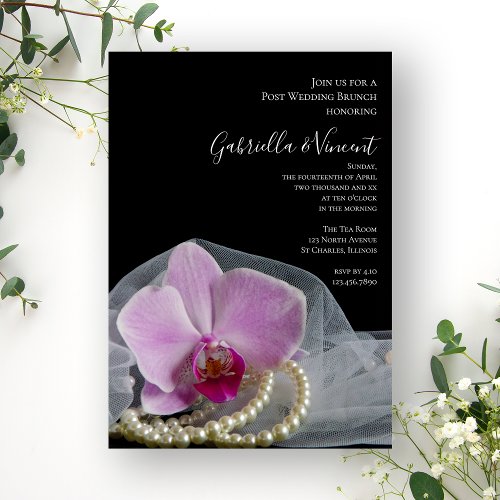 Pink Orchid Pearls on Black Post Wedding Brunch Invitation