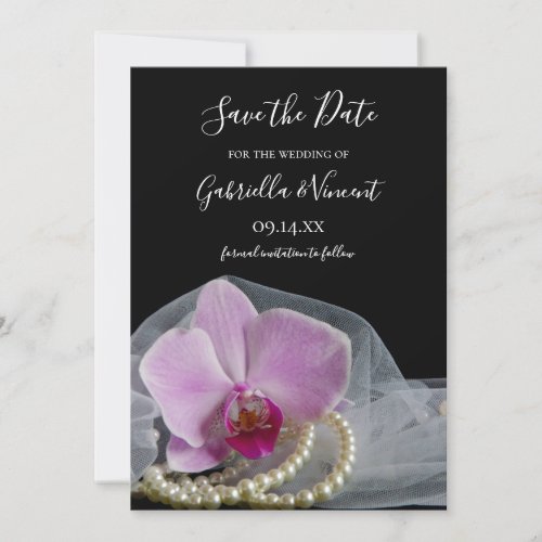 Pink Orchid Pearls on Black Wedding Save the Date