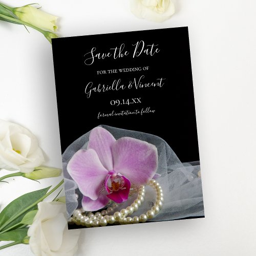 Pink Orchid Pearls on Black Wedding Save the Date