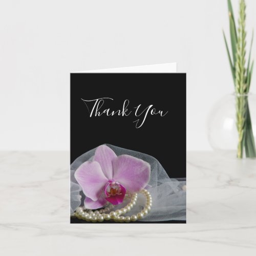 Pink Orchid Pearls Veil on Black Wedding Thank You