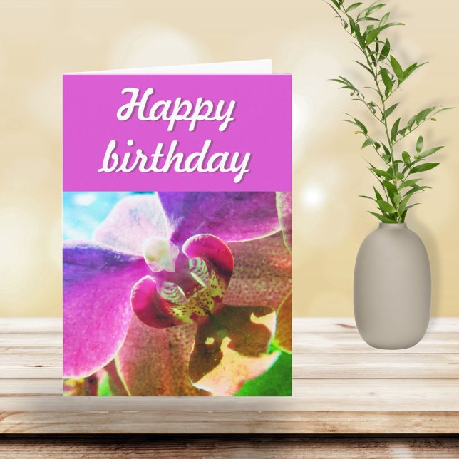 Pink Orchid Photo Happy Birthday Script Card (Creator Uploaded)