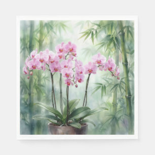 Pink Orchid Plant On Bamboo Background Napkins