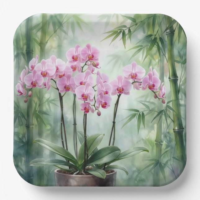 Pink Orchid Plant On Bamboo Background Paper Plates (Front)