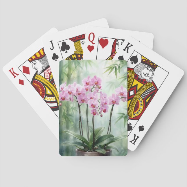 Pink Orchid Plant On Bamboo Background Poker Cards (Back)