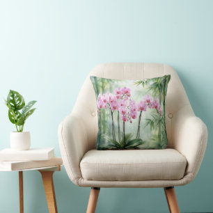 Pink Orchid Plant On Bamboo Background Throw Pillow