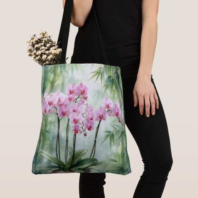 Pink Orchid Plant On Bamboo Background Tote Bag (Close Up)