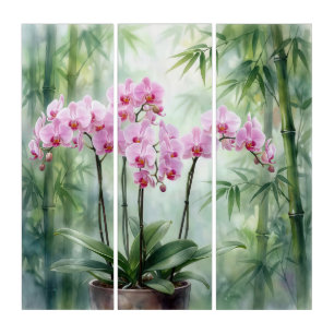 Pink Orchid Plant On Bamboo Background Triptych
