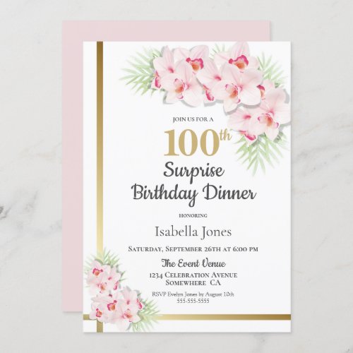 Pink Orchid Surprise 100th Birthday Dinner Invitation