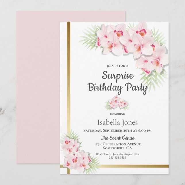 Pink Orchid Surprise Birthday Party Invitation (Front/Back)