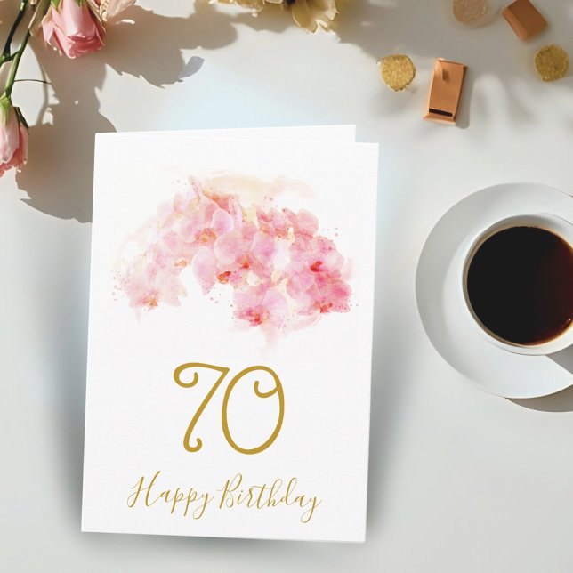 Pink Orchid Watercolor Floral 70th Birthday Card (Creator Uploaded)