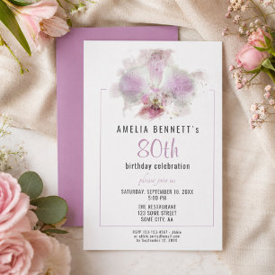 Pink Orchid Watercolor Floral 80th Birthday Party Invitation