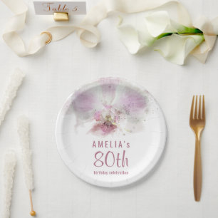 Pink Orchid Watercolor Floral 80th Birthday Party Paper Plates