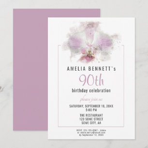 Pink Orchid Watercolor Floral 90th Birthday Party Invitation