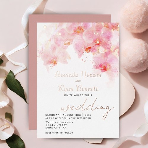 Pink Orchid Watercolor Floral Wedding Rose Gold  Foil Invitation