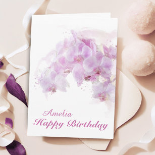 Pink Orchid Watercolor Flower Birthday Card