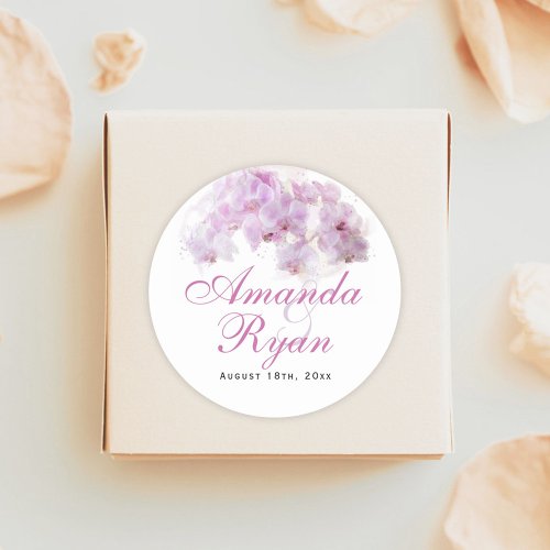 Pink Orchid Watercolor Flower Floral Wedding Classic Round Sticker