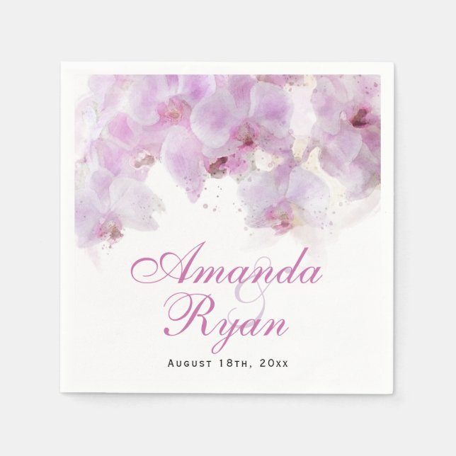 Pink Orchid Watercolor Flower Floral Wedding Napkins (Front)