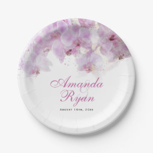 Pink Orchid Watercolor Flower Floral Wedding Paper Plates