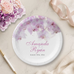 Pink Orchid Watercolor Flower Floral Wedding Paper Plates