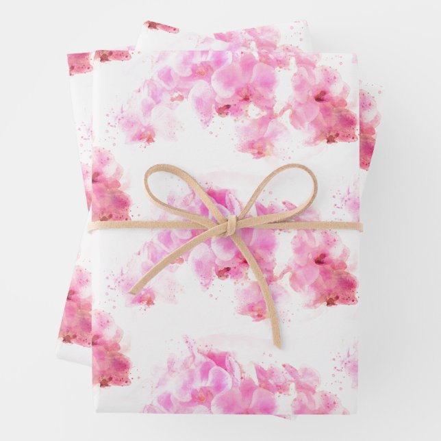 Pink Orchid Watercolor Flower Wrapping Paper Sheets (In situ)