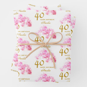 Pink Orchid Watercolor Gold Glitter 40th Birthday Wrapping Paper Sheets