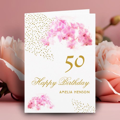 Pink Orchid Watercolor Gold Glitter 50th Birthday