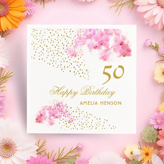 Pink Orchid Watercolor Gold Glitter 50th Birthday Napkins (Creator Uploaded)