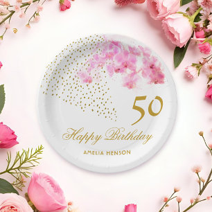 Pink Orchid Watercolor Gold Glitter 50th Birthday Paper Plates