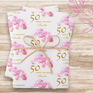 Pink Orchid Watercolor Gold Glitter 50th Birthday Wrapping Paper Sheets