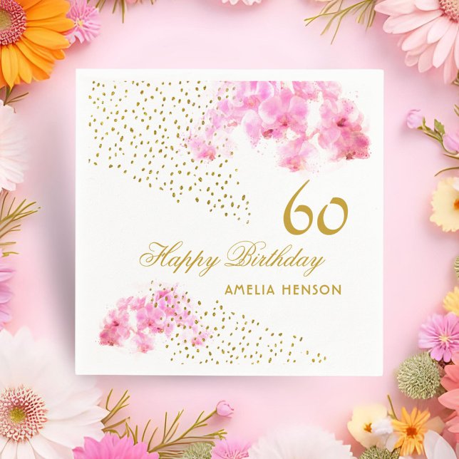 Pink Orchid Watercolor Gold Glitter 60th Birthday Napkins (Creator Uploaded)