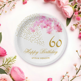 Pink Orchid Watercolor Gold Glitter 60th Birthday Paper Plates
