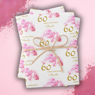 Pink Orchid Watercolor Gold Glitter 60th Birthday Wrapping Paper Sheets