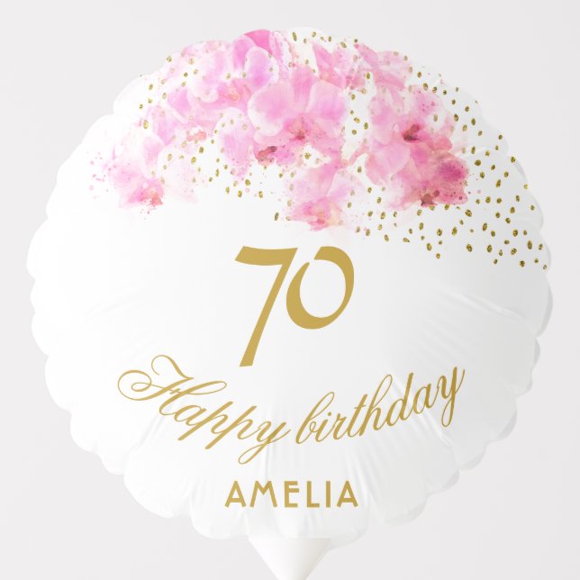 Pink Orchid Watercolor Gold Glitter 70th Birthday  Balloon (Front)
