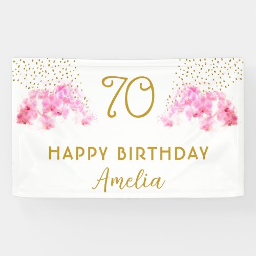 Pink Orchid Watercolor Gold Glitter 70th Birthday  Banner