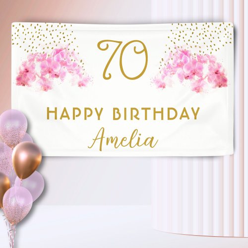 Pink Orchid Watercolor Gold Glitter 70th Birthday  Banner