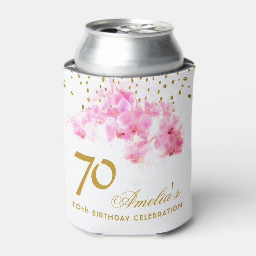 Pink Orchid Watercolor Gold Glitter 70th Birthday Can Cooler