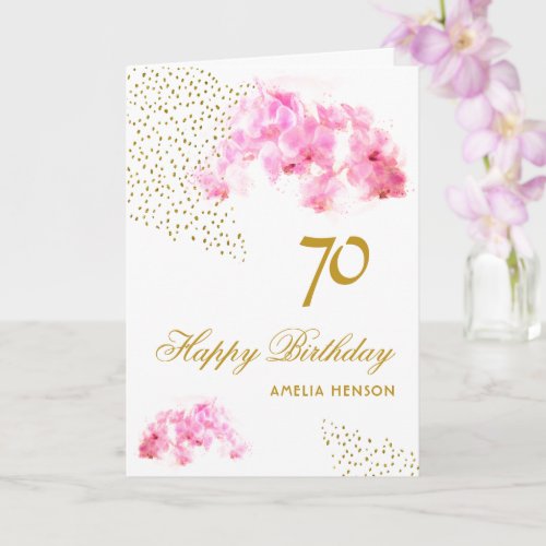 Pink Orchid Watercolor Gold Glitter 70th Birthday Card