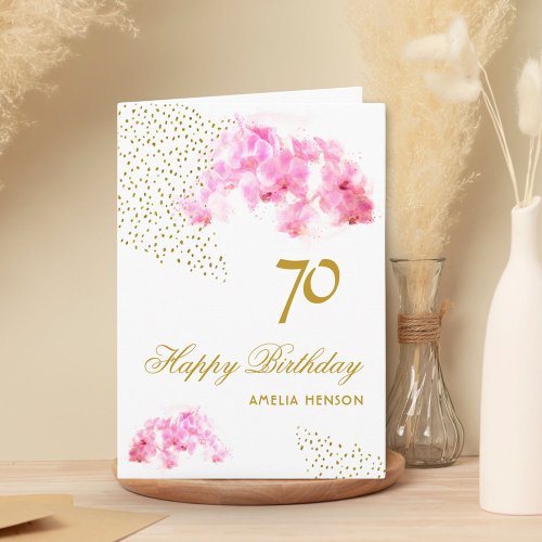 Pink Orchid Watercolor Gold Glitter 70th Birthday