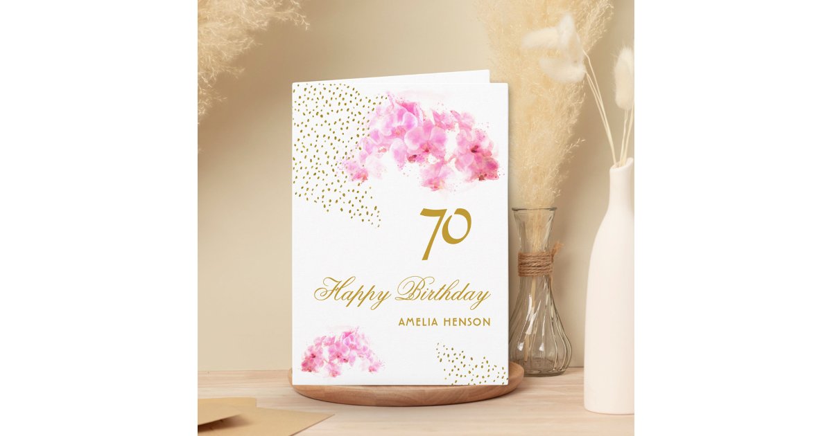 Pink Orchid Watercolor Gold Glitter 70th Birthday Card | Zazzle